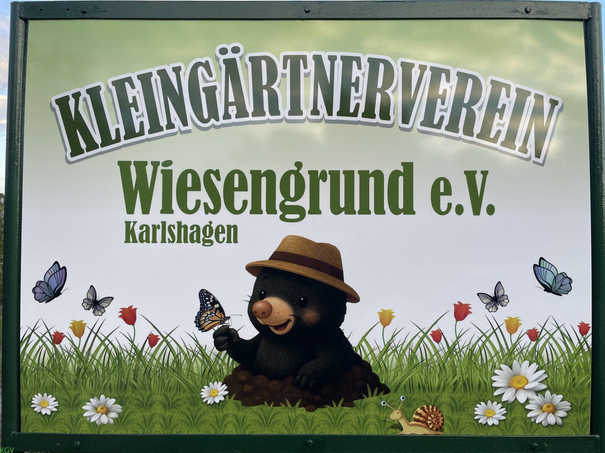 Neues Vereinsschild des KGV Wiesengrund Karlshagen mit Maulwurf, Blumen und Schmetterlingen.
