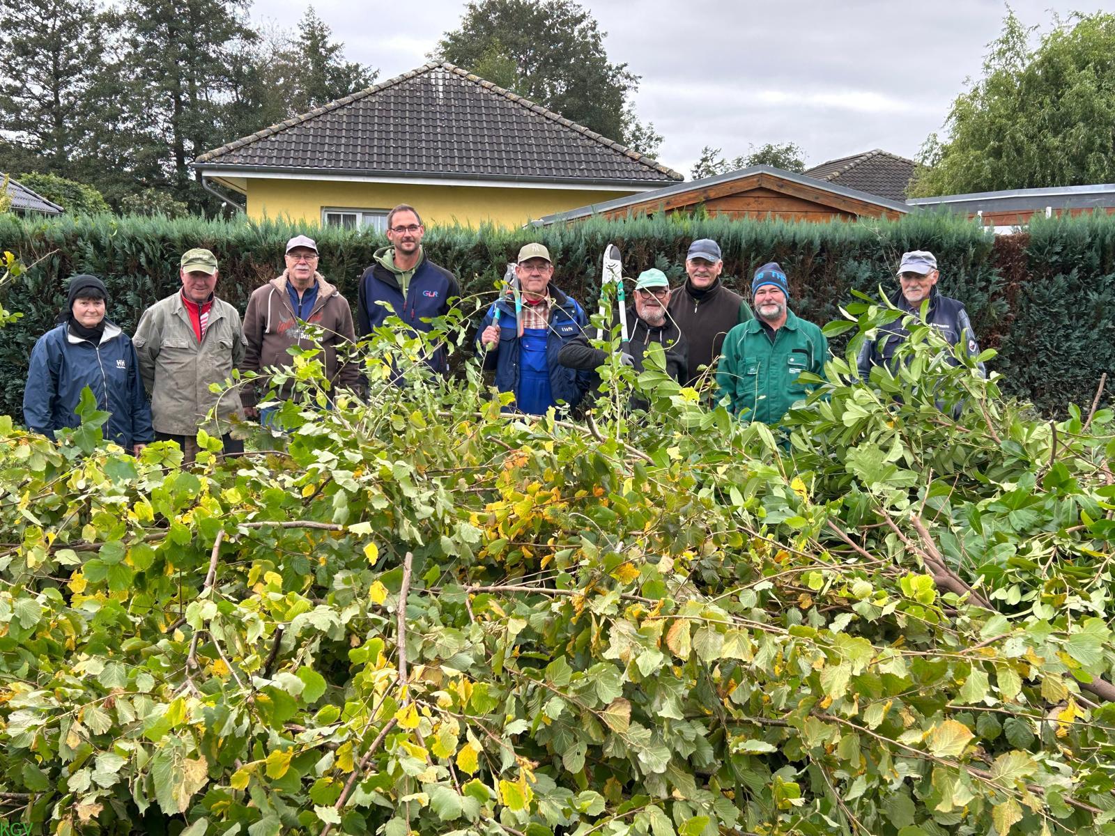 Gartenfreunde beim Rückschnitt der Hecken und Sträucher