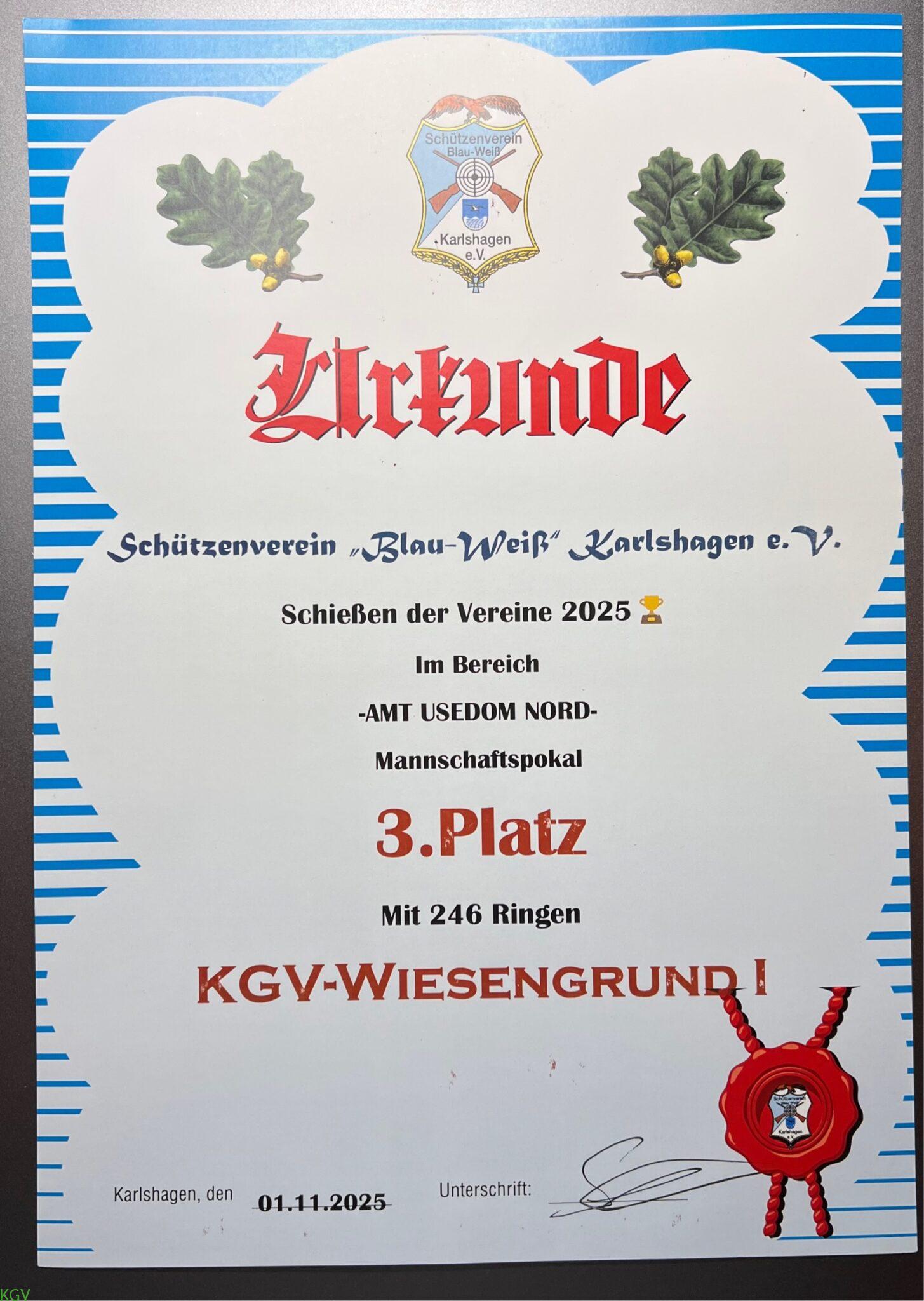 Urkunde Mannschaftspokal – 3. Platz für KGV Wiesengrund 1