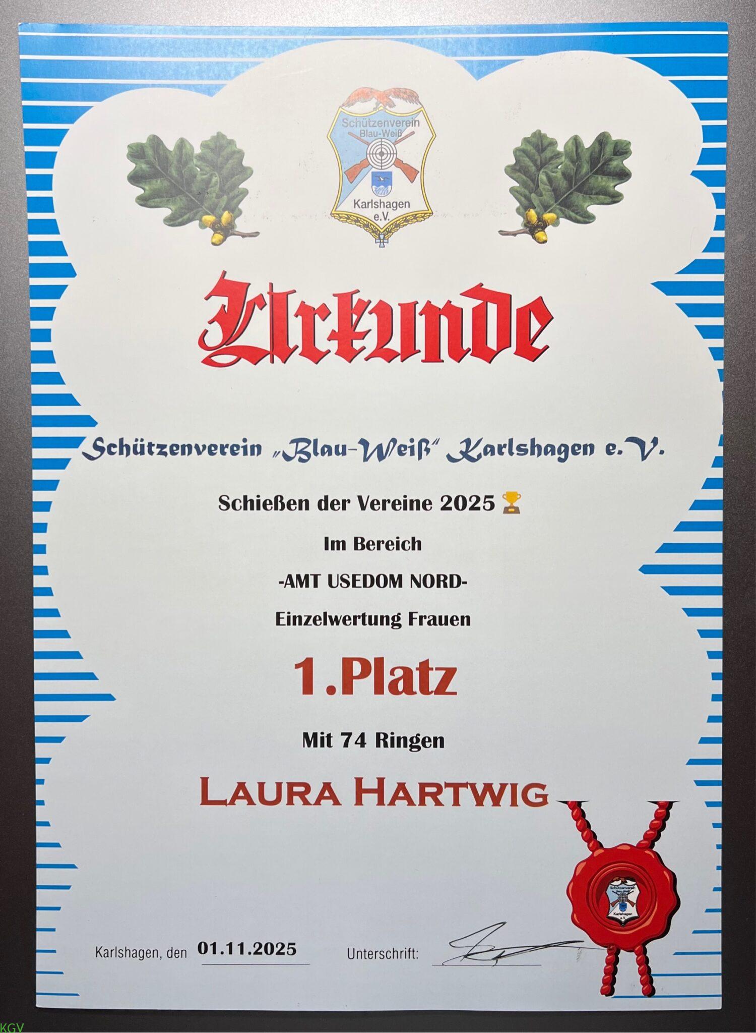 Urkunde Einzelwertung Damen – 1. Platz für Laura Hartwig