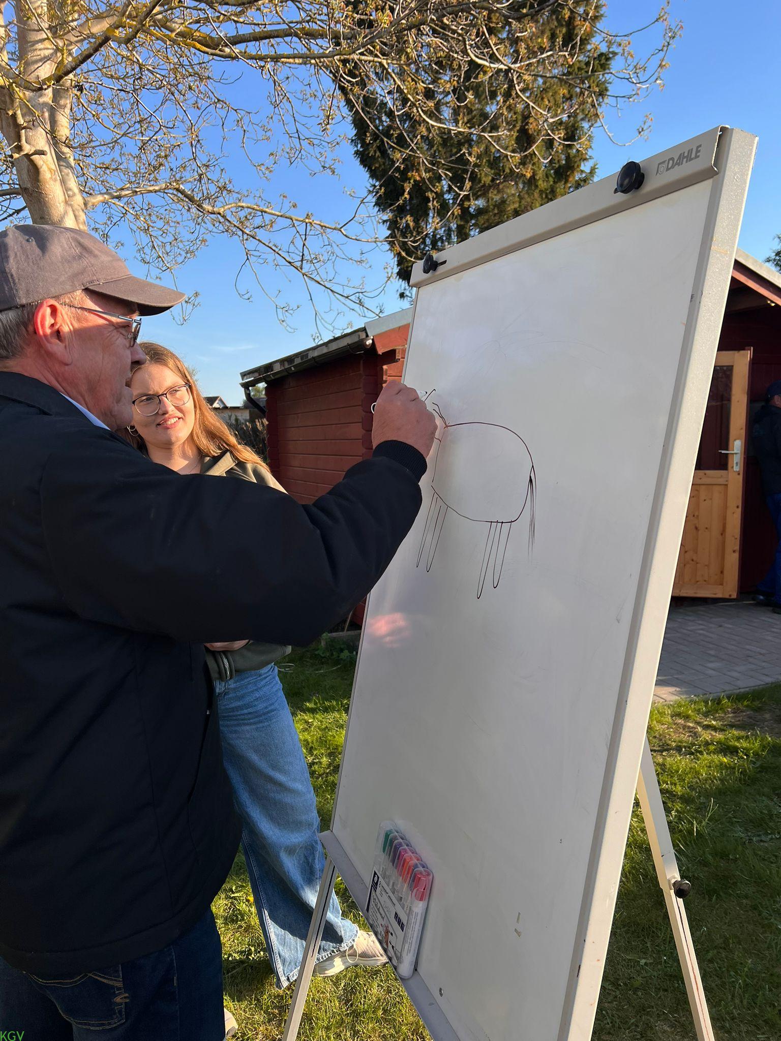 Zwei Gartenfreunde zeichnen gemeinsam an einem Whiteboard