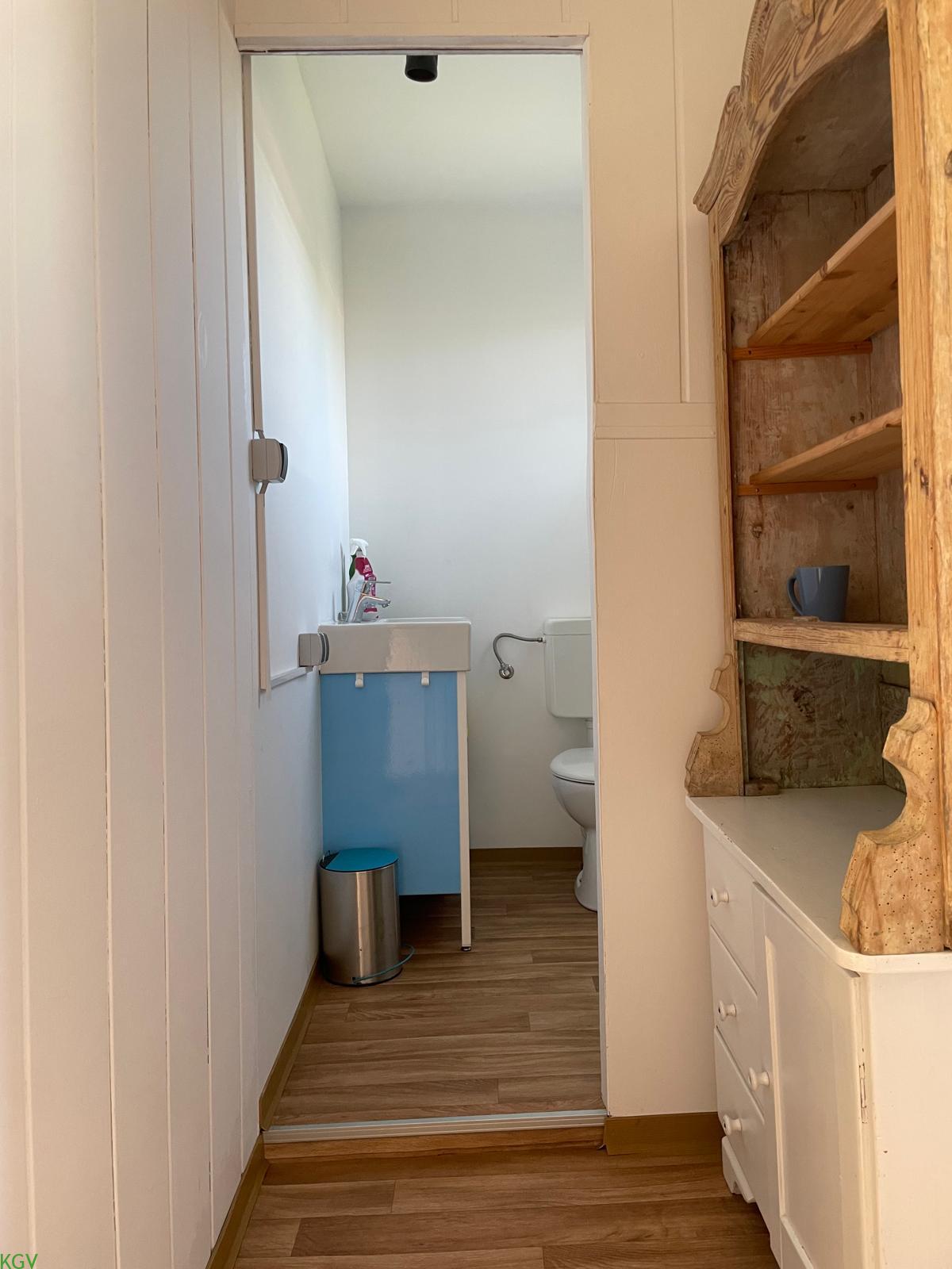 Blick vom Flur in das WC mit Waschbecken