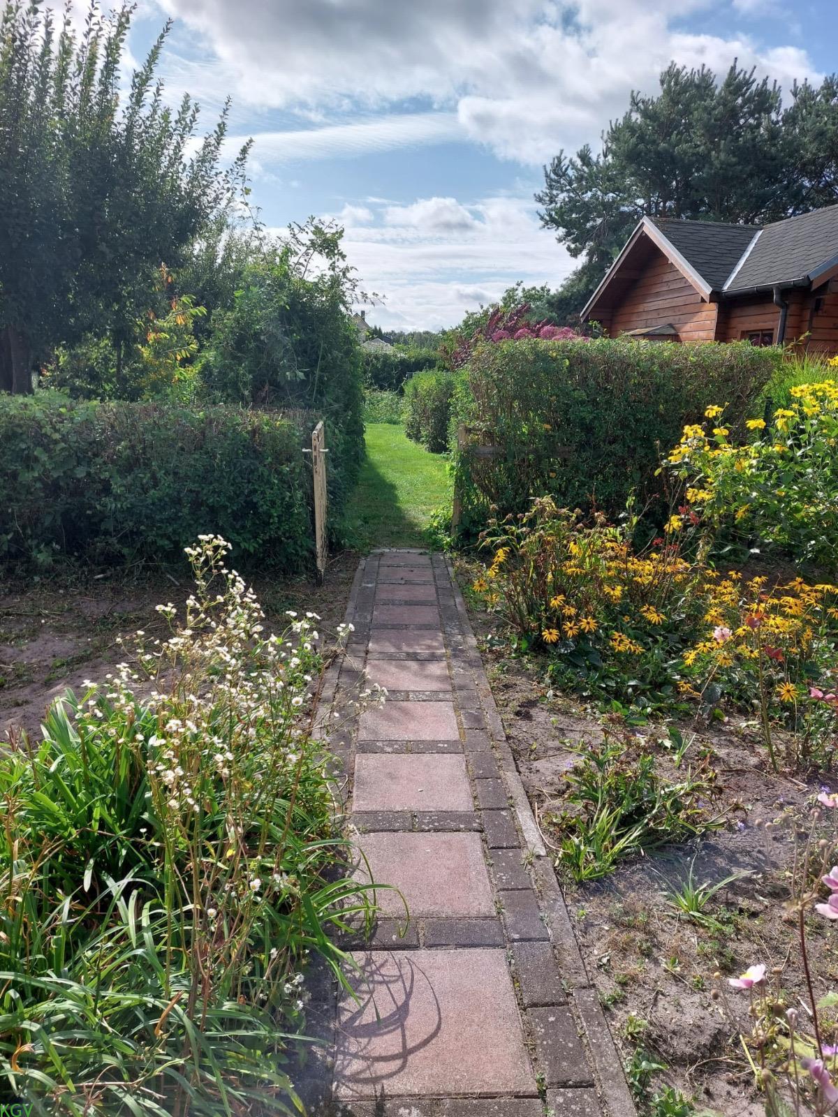 Gepflasterter Gartenweg zwischen Hecken und Staudenbeeten