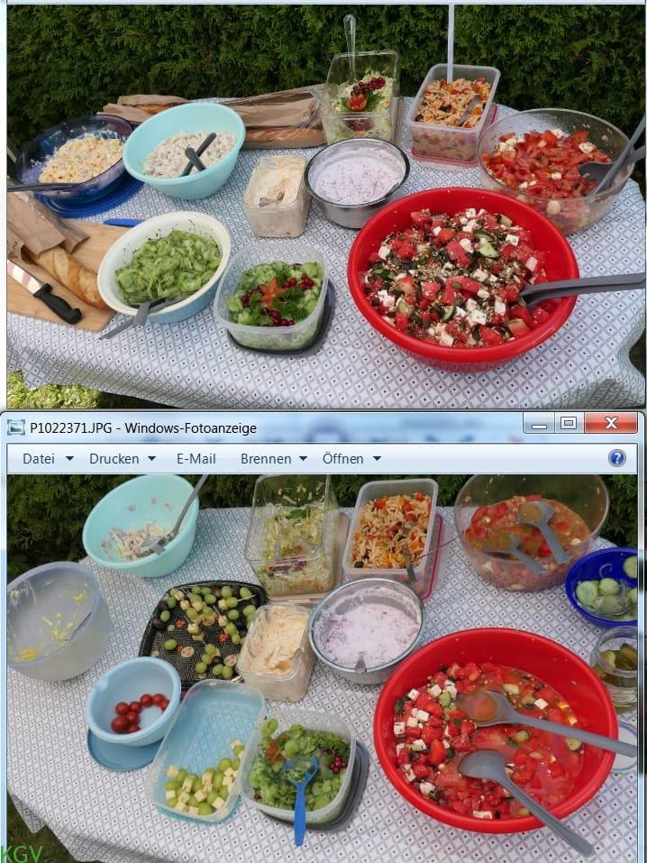 Buntes Buffet mit zahlreichen selbstgemachten Salaten und Dips